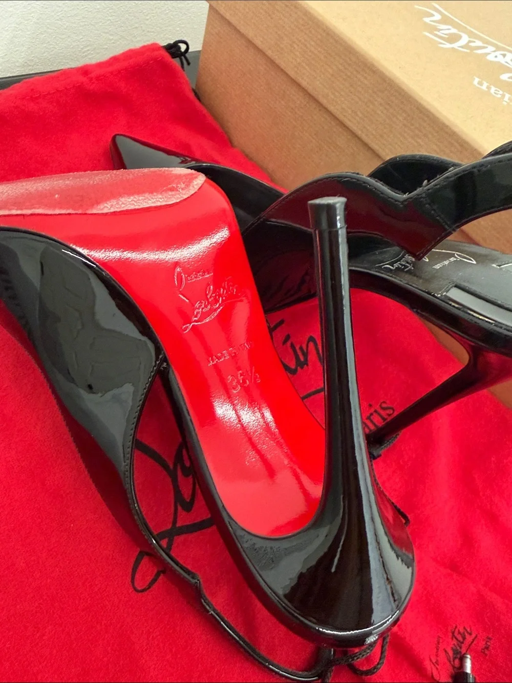 Christian Louboutin Black Patent Slingback Pointed-Toe Pumps